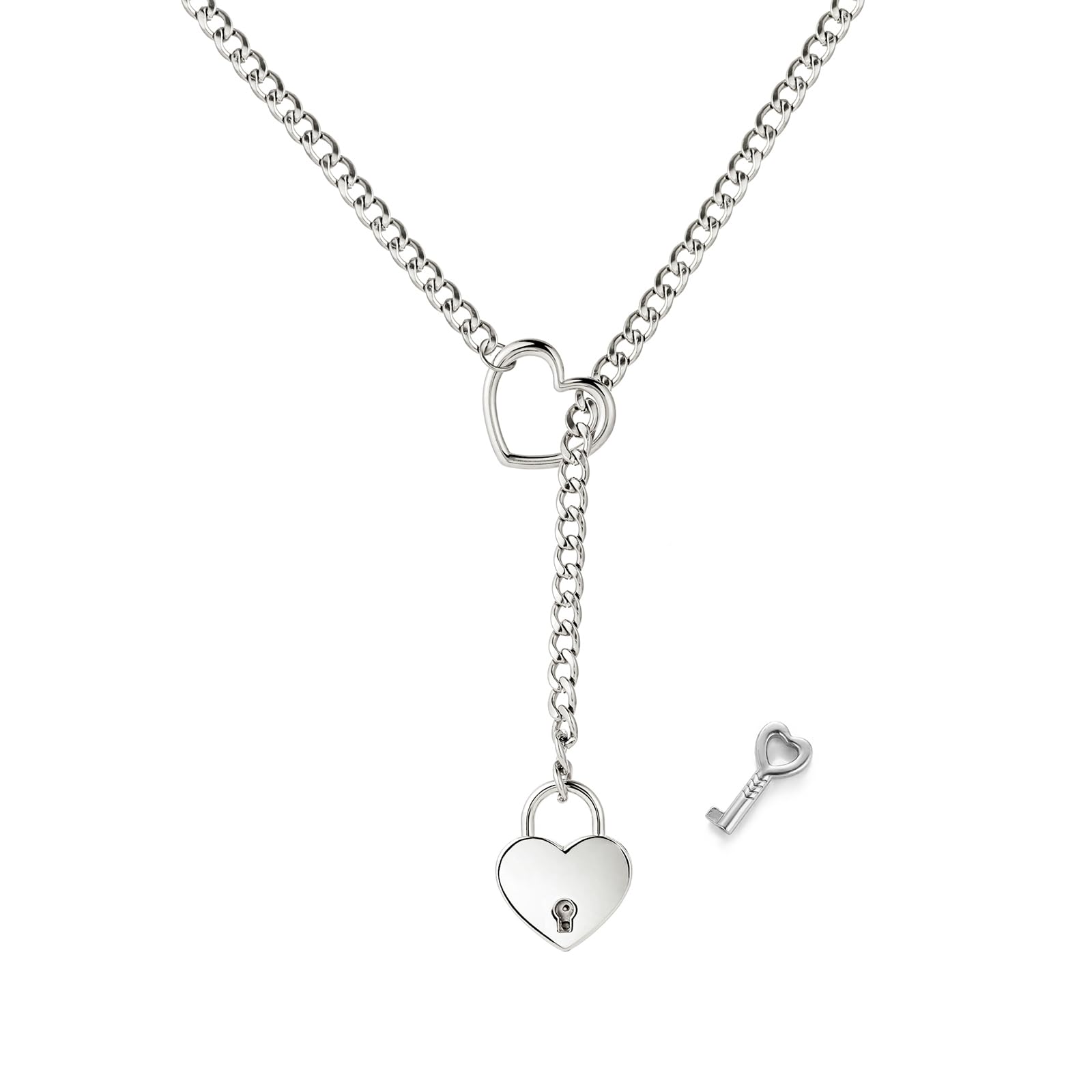 Heart O Ring Slip Chain Choker Necklace for Women Men Stainless Steel Cuban Chain Y-shape Necklaces Punk Rock Collar Adjustable Lariat Y Necklace Prom Necklaces Jewelry-image-34