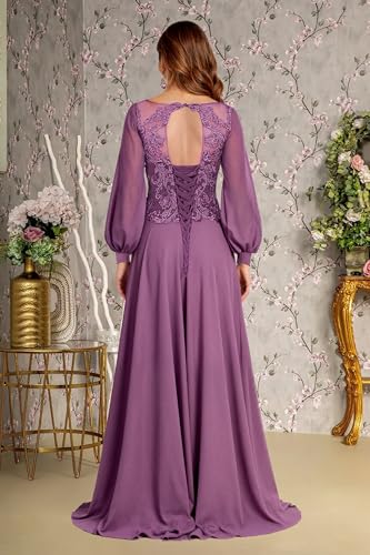 Long Sleeve Chiffon Mother of Bride Dresses for Wedding Lace Applique Mother of The Groom Formal Evening Gowns2