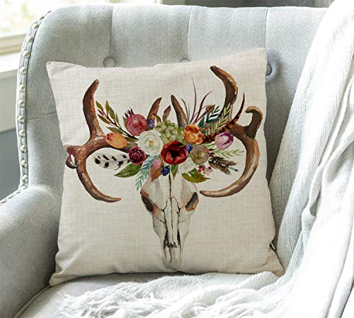 Swono Watercolor Floral Boho Deer Skull Burlap Throw Pillow Case Cushion Cover Couch Sofa Decorative Square 18X18 Inches #TOP2