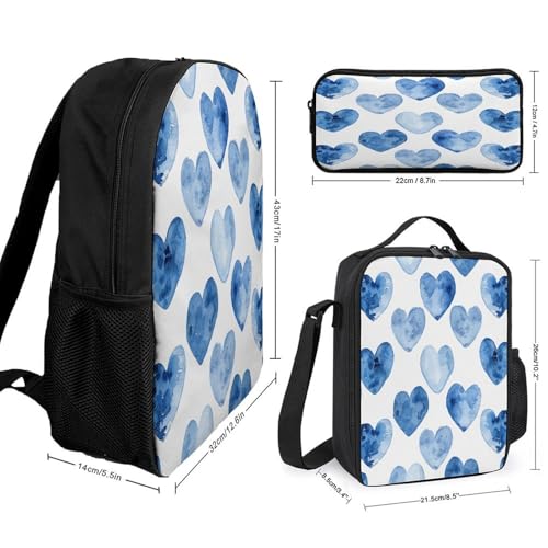 Hand Drawn Blue Heart 3pcs Lightweight Travel Backpack Printed Backpack With Lunch Pack Storage Box Case2