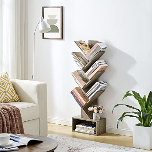 Hoctieon 6 Tier Tree Bookshelf, 6 Shelf Bookcase With Drawer, Modern Book Storage, Utility Organizer Shelves For Home Office, Living Room, Bedroom, Greige #TOP6