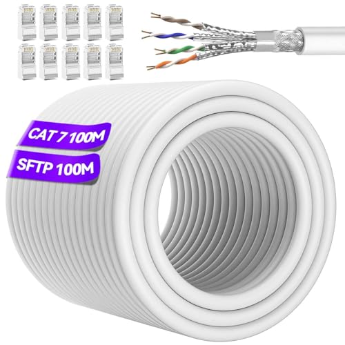 Soibke Cable Ethernet 100m Cat 7 Cable RJ45 100m Blindé Haute Vitesse Câble Ethernet S/FTP Blanc Gigabit Extérieur Imperméable Câble LAN Cables Internet...