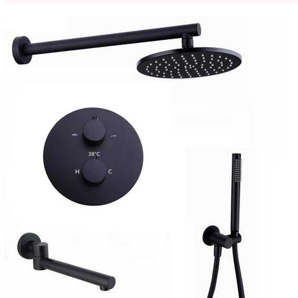 QUSYZD Brass Black Thermostatic Shower Faucets 8-12" Rainfall Shower Head Bathroom Thermostatic Mixing Valve with Handheld Shower Head+Bathtub Faucet,Luxury Shower Set,12In,10inch