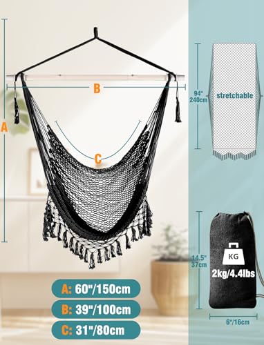 Image of Chihee Hammock Chair Handmade Woven Mesh Hanging Seat Metal Spreader Bar | Cotton Blended Rope Hanging Chair Ventilated Soft-Spun Large Stretch Hammock Swing, Elegant Macrame Indoor Outdoor Garden