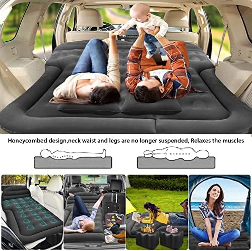 sanheshun SUV Air Mattress Car Camping Travel Bed, Thickened Inflatable Mattress with Two Air Pillow and Car Air Pump, Flocking & PVC Surface, Camping Sleeping Pad (Black)