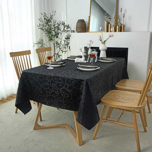 Marina Decoration Jacquard Waterproof Elegant Luxury Premium Solid Damask Branch Scroll Decorative Home Kitchen Tablecloth Liquid Repellent and Stain Resistant, Black Color Oblong 60 x 84 Inch