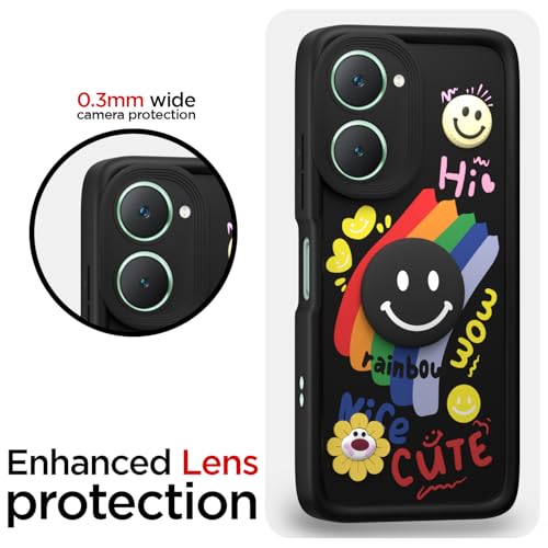 Image of Pikkme Back Cover for iQOO Z9 Lite 5G / Vivo T3 Lite 5G / Vivo Y18 / Y18e / Y03 | Soft Silicone| Cute Rainbow Smile & 3D Cartoon Flower Design | Shockproof Raised Camera protection Bumper Case (Black)