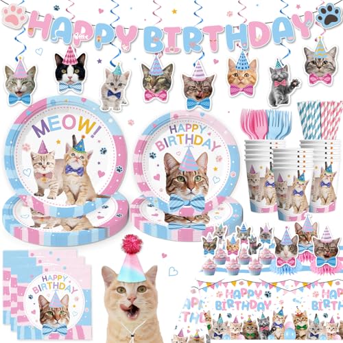 177pcs Cat Birthday Decorations Include Cat Party Plates and Napkins Set, Banner, Hanging, Tablecloth, Party Hat, Cupcake Topper, Table Decor, for Kitten Girls Birthday Party Decorations, Se