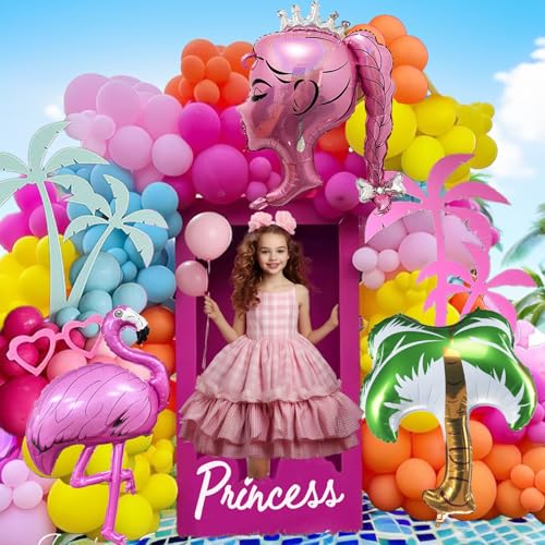 Image of Hot Pink Blue Yellow Orange Balloon Garland Kit Crown Princess Palm Tree Summer Sunglasses Tropical Balloons Arch For doll Theme Pool Party Decoration Girl Birthday Baby Shower Bachelorette Supplies