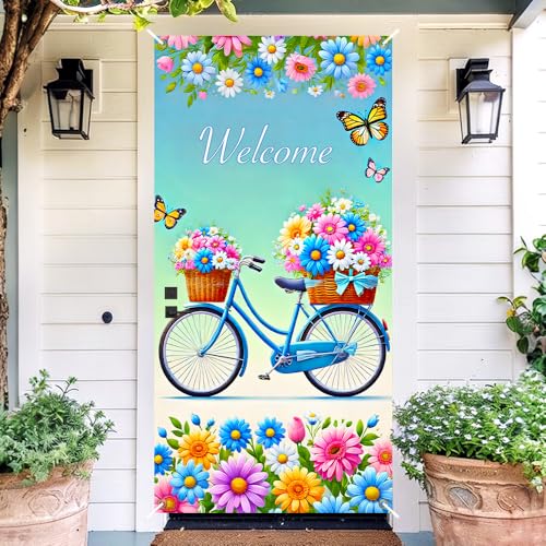 Image of Welcome Spring Bicycle Door Cover 35x71in Daisy Decor