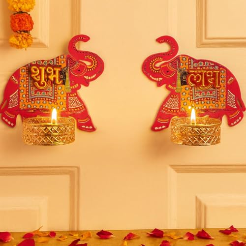 Toran Shubh Labh Wall Hanging with Tealight Candle Holder Diwali Decoration Main Door Entrance - Traditional Diya Oil Lamp Ornaments for Mandir Pooja Room, Home Decor & Navratri