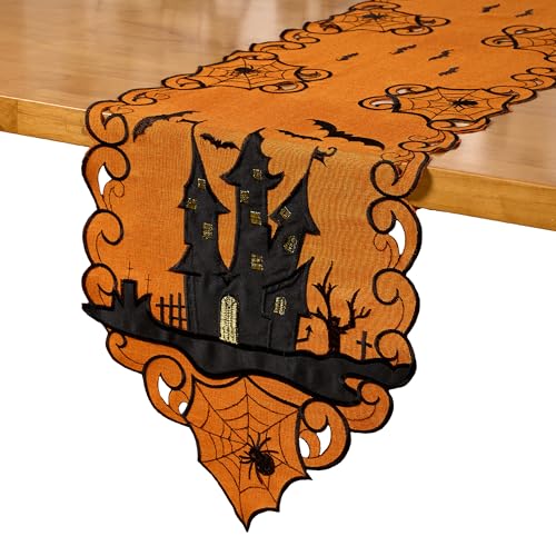AMARED Halloween Table Runner, Embroidered Spooky Bats Spider Dresser Scarf for Fall Holiday...