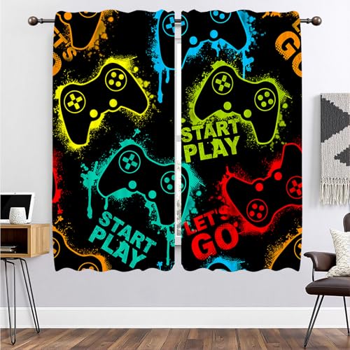 DOTOOMA 21x63Inch Gamepad Curtain Games Controller Neon Lights Blue Graffiti Gamepad Gamer Playroom Kids Teens Nursery Bedroom Living Room Window Treatment Decor Drapes 2 Panels Polyester