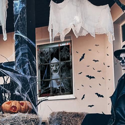 CoFlink Scary Halloween Window Decorations, HD Print Window Blood Silhouette Window Curtain Cover for Indoor Outdoor Party Decor (Black White-Nun) - Image 4