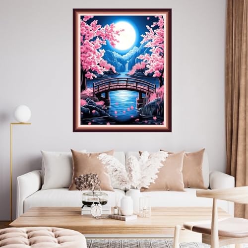Image of Fanxvivy Stamped Cross Stitch Kits for Beginners Full Range of Cross Stitching Preprinted Embroidery Kits for Adults, 11CT Embroidery Pattern Needlepoint Kits-Peach Blossom Moon 16x20 inch