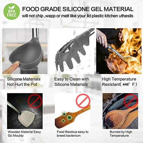 Silicone Cooking Utensil Set, Taiker Kitchen Cooking Utensils Set, Non-stick & Heat Resistant Silicone Cookware, BPA Free Non-Toxic Cooking Utensils, Kitchen Tools (Gray) - Thumbnail 6