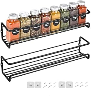 Venkaite Set of 2 Metal Spice Shelves, Wall Mount Spice Rack Organizer Single Layer Seasoning Organizer Hanging Spice Shelf Rack with Adhesive or Screw Mountable, Black
