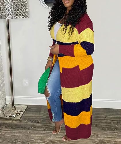 Image of SOMTHRON Women's Fall Cardigan Sweater Open Front Color Block Striped Knit Long Draped Coat Duster Outerwear