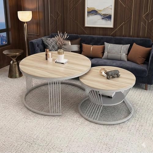 Image of Modern Nested Coffee Table Set of 2 | Round Marble Finish Tabletop with Metal Base | Luxury Center Table for Living Room, Lounge & Office (Cream Gry)