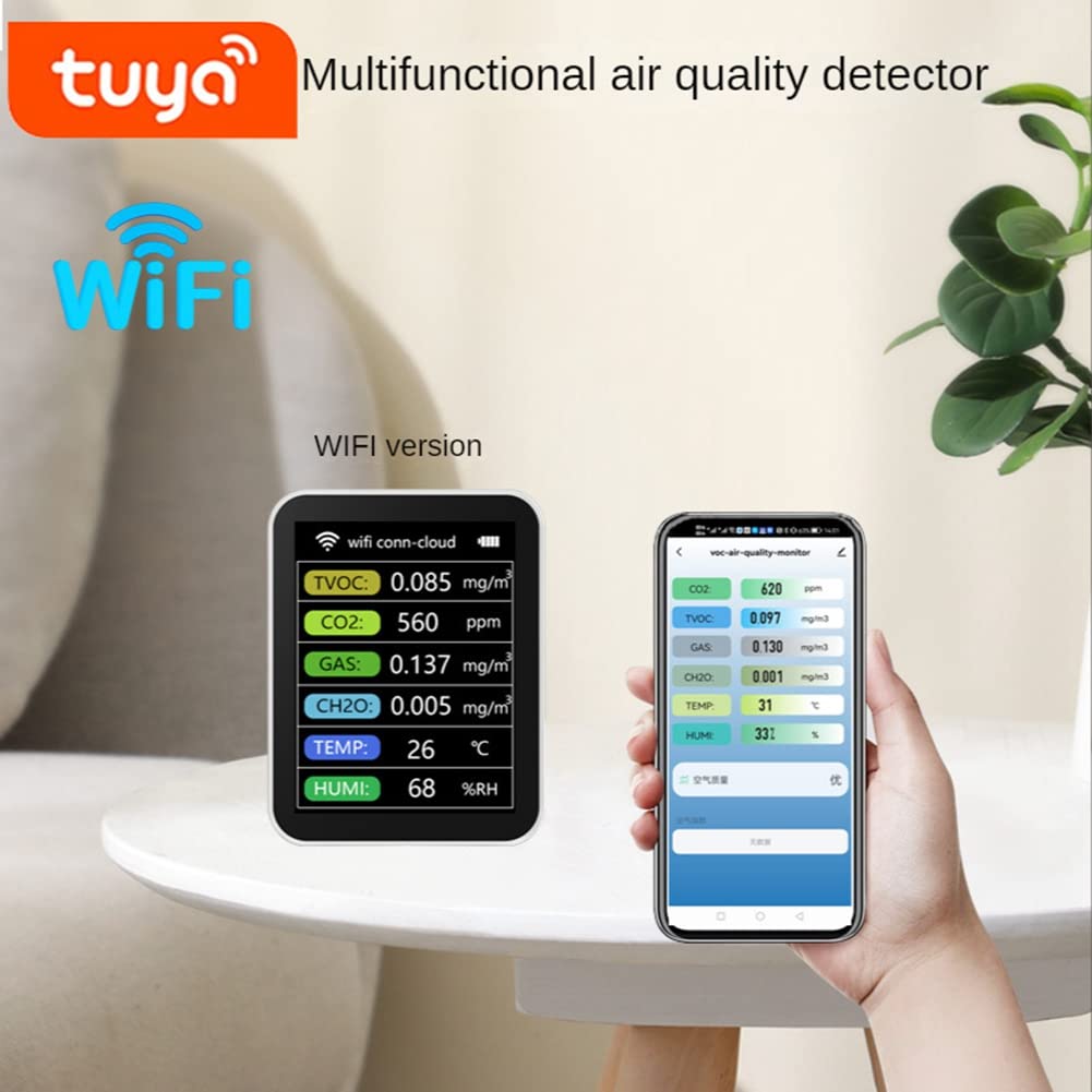 1 zestaw Tuya WiFi CO2 czujnik TVOC CO2 Gaz CH2O miernik temperatury i wilgotności powietrza wielofunkcyjny, biały