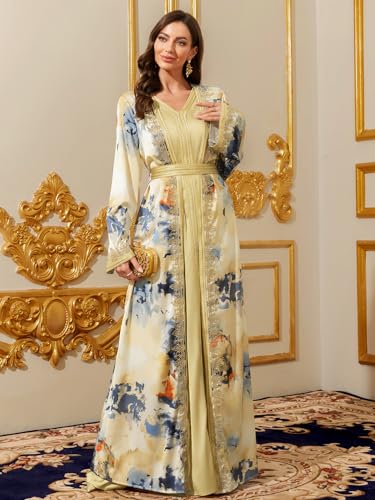 Image of Abaya for Women Floral Embroidered Muslim Dress V-Neck Arabian Maxi Robe