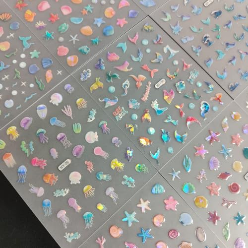 Osttma OSTTMA384 12Sheets Summer Nail Art Stickers Shell Starfish Nail Stickers Cute Jellyfish Mermaid Nail Art Design 3D Self Adhesive Marine Life Nail Decals Summer Sea Theme Nail Supplies thumb #6