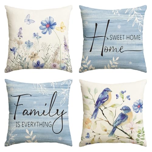 AVOIN colorlife Spring Saying Flowers Butterfly Bird Throw Pillow Covers 16 x 16 Inch Home Sweet Home Blue Cushion Case for Sofa Couch Set of 4