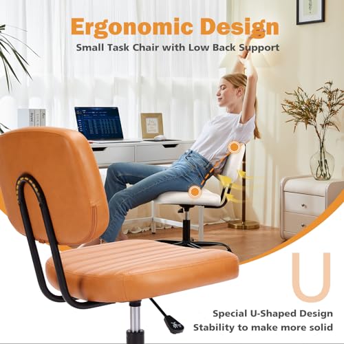 Image of Sweetcrispy Office Desk Chair, Small Home Vanity Chair, Lumbar Support | Armless PU Leather, Height Adjustable Rolling Swivel Task, Bedroom Home Student, Brown