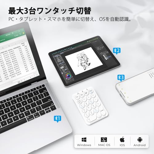 iClever テンキー Bluetooth ワイヤレス 数字 キーボード 3台までペアリング パンタグラフ式 超薄型 Tabキー付き ブルートゥース 無線 ナンバーパッド Type-C充電 左手デバイス 片手デバイス ショートカットキー Windows/iOS/Android対応 KP08Pro (ホワイト)