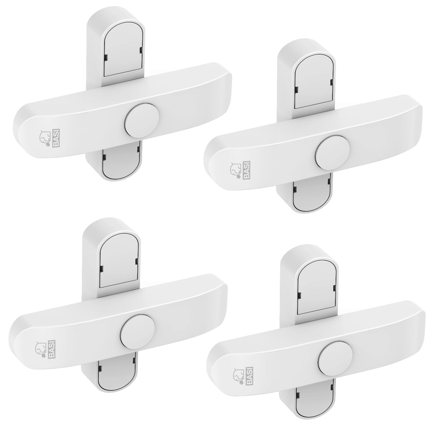 BASI Juego de 4 protectores para ventanas blanco y marrón, seguro adicional para ventanas de doble hoja, bloqueable con botón de presión, pestillo giratorio, protección antirrobo, 4 unidades