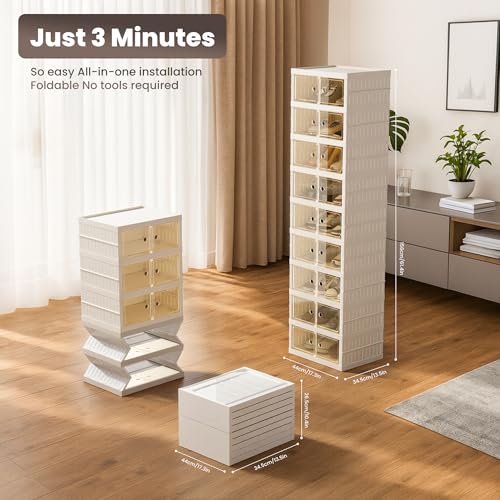 Image of Foldable Shoe Organizer Storage Box Set of 2, Portable Extra Large Folding Shoe Rack for Closet, Shoe Storage Box with Magnetic Transparent Door and Wheels, 9 Layers 18 Grids
