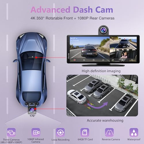 Image of CarpurideW903S3 9.33 Inch HD Wireless Carplay & Android Auto Screen, 4K Front + Wired 1080P Rear + Infrared Camera, with Loop Recording, Bluetooth, GPS, FM, Super Link, 64GB TF