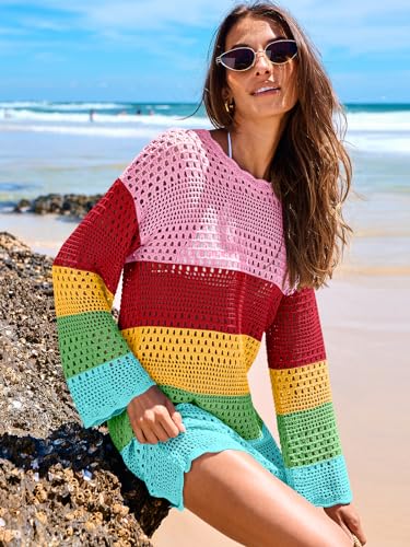 Image of ANRABESS Women Swimsuit Crochet Swim Cover Up 2026 Summer Bathing Suit Swimwear Mesh Knit Beach Dress Vacation Outfits