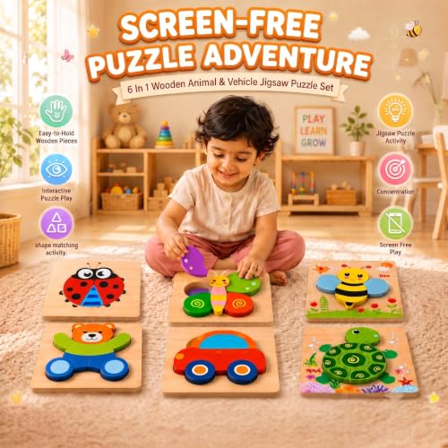 Image of Wooden Jigsaw Puzzles Set | Puzzle Game for Kids 3 to 5 Years | 6 in 1 Animal & Vehicle Puzzle Toy for Shape Matching Activity Play | Multi Color |1 Set