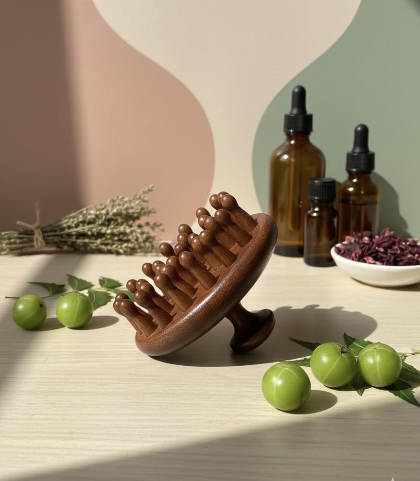 Image of 28 Tooth Natural Wooden Hair and Scalp Massager Comb - Herbal Oil Treated ,Stress Relief & Detox Shampoo Brush,Wet and Dry Application for Reducing Dandruff and Stimulates Hair Growth | Multifunctional Scalp Massager (1 Unit)