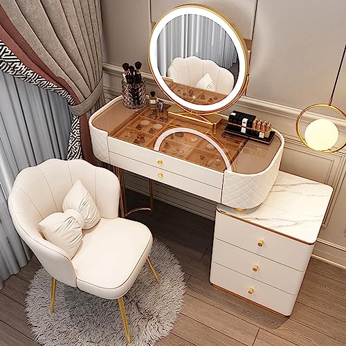 Moderna mesa de tocador con espejo, taburete y armario lateral, tocador de maquillaje con cajones, elegante escritorio cosmético para dormitorio, diseño que ahorra espacio