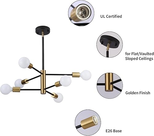 Miniatura 3 de Candelabro Sputnik moderno, lámpara de techo negra y dorada, lámpara de techo de globo de mediados de siglo para sala de estar, comedor, dormitorio,
