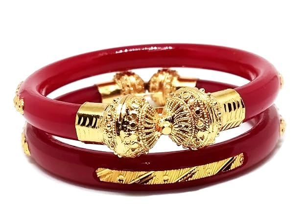 EXPORT STORE Maroon Colored Pola Gold-plated Flower Shape Bangle Set (Pack of 2)2