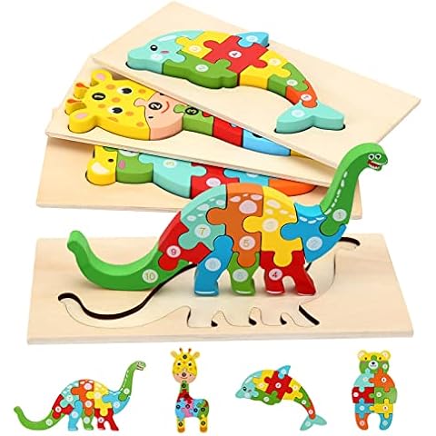 Holzpuzzle für Kleinkinder von 3 Jahren, Montessori-Spielzeug für Kinder ab 3 Jahren, lernendes pädagogisches Holzpuzzle-Spielzeug, Geschenk für 3 jährige Jungen und Mädchen - 4er-Pack Cover