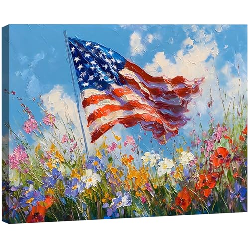 Image of RIBNTAK Made in USA 4th of July Canvas Print Wall Art, Impressionist American Flag & Wildflowers Painting Artwork for Living Room, Patriotic Independence Day Pictures, Americana Home Decor