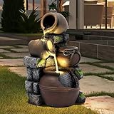 TOBYUL 23.7" H Outdoor/Indoor Water Fountain with LED Lights and Pump, 4-Tiers Cascading Pitchers and Stacked Stones Garden Fountains Waterfall, Freestanding Resin Fountain for Patio, Garden, Porch
