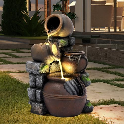 TOBYUL 23.7" H Outdoor/Indoor Water Fountain with LED Lights and Pump, 4-Tiers Cascading Pitchers and Stacked Stones Garden Fountains Waterfall, Freestanding Resin Fountain for Patio, Garden, Porch