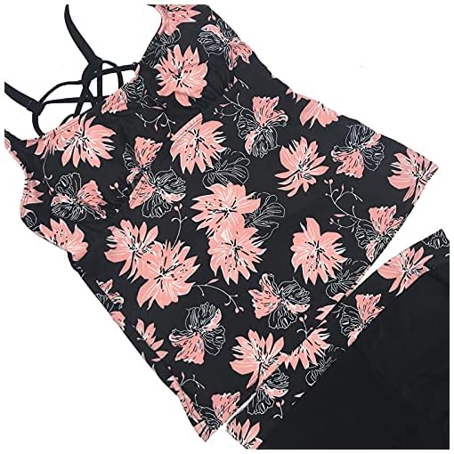BEACHKINI Vrouwen Tankini, Tweedelige Split Set Zwemkleding, Sport Badpak, Dubbele Schouder Vest Top Met Korte Broek, Groen blad, EU46