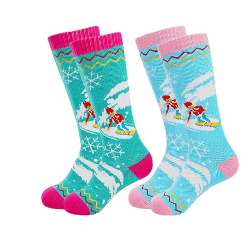 HYCLES Kids Ski Socks Long Keen High Thermal Winter Socks for Boys 2 Pairs Colorful Warm Ski Socks for Children Soft Breathable Winter Outdoor Ski Sock for Skiing Skating Snowboarding