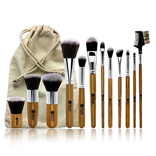 Makeup Brush Set, FEIYAN 12 Pieces Professional Bamboo Handle Cosmetic Brushes Premium Synthetic for Foundation Blending Blush Concealer Highlighter Eye Shadows Brushes Kit, Storage Bag Included.
