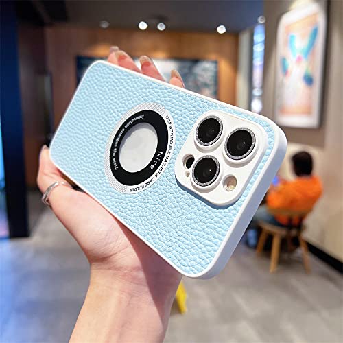 Étui en cuir pour iPhone 14 Pro Max et 13 avec film de lentille scintillant bleu