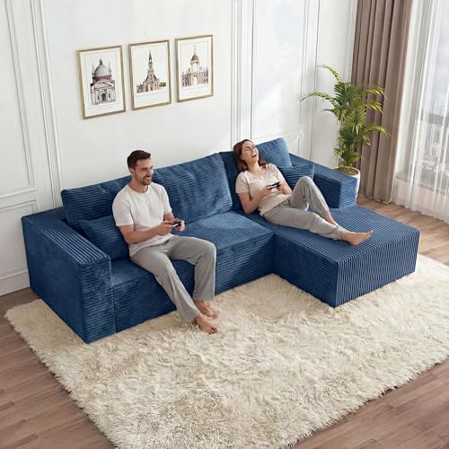 Image of 108 inch Modular Sectional Sofa,L-Shaped Cloud Couch with Deep Seats & Chaise,Convertible Corduroy Boneless Couches for Living Room,Bedroom,No Need Assembly,Blue(Right Facing Chaise)