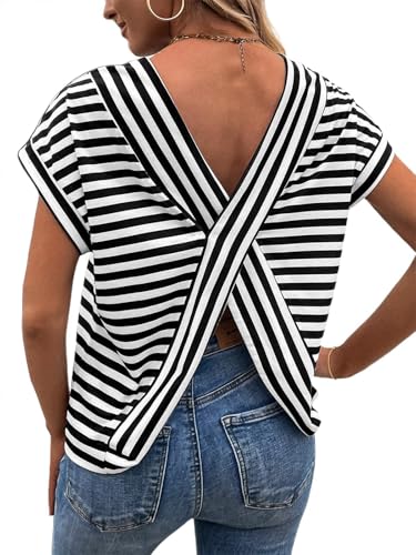 LilyCoco Womens Striped Open Back Tops Criss Cross Back Batwing Sleeve T Shirt3