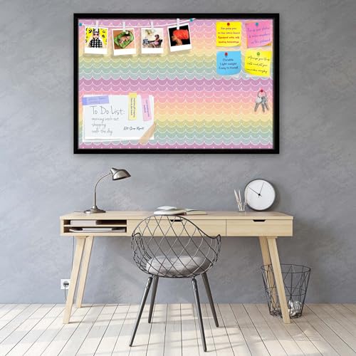 Image of ArtzFolio Wavey | Bulletin Board Notice Pin Board | Vision Soft Board Combo with Thumb Push Pins & Sticky Notes | Black Frame | 36 x 24 inch (91 x 61 cms)