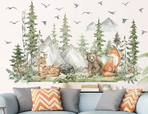 Image of RAINBOW WSK Large Jungle Animals Wall Decals Forest Tree Wall Decal Peel and Stick Woodland Bear Fox Deer Wall Stickers Giant Mountain Art for Bedroom Nursery Room MS230